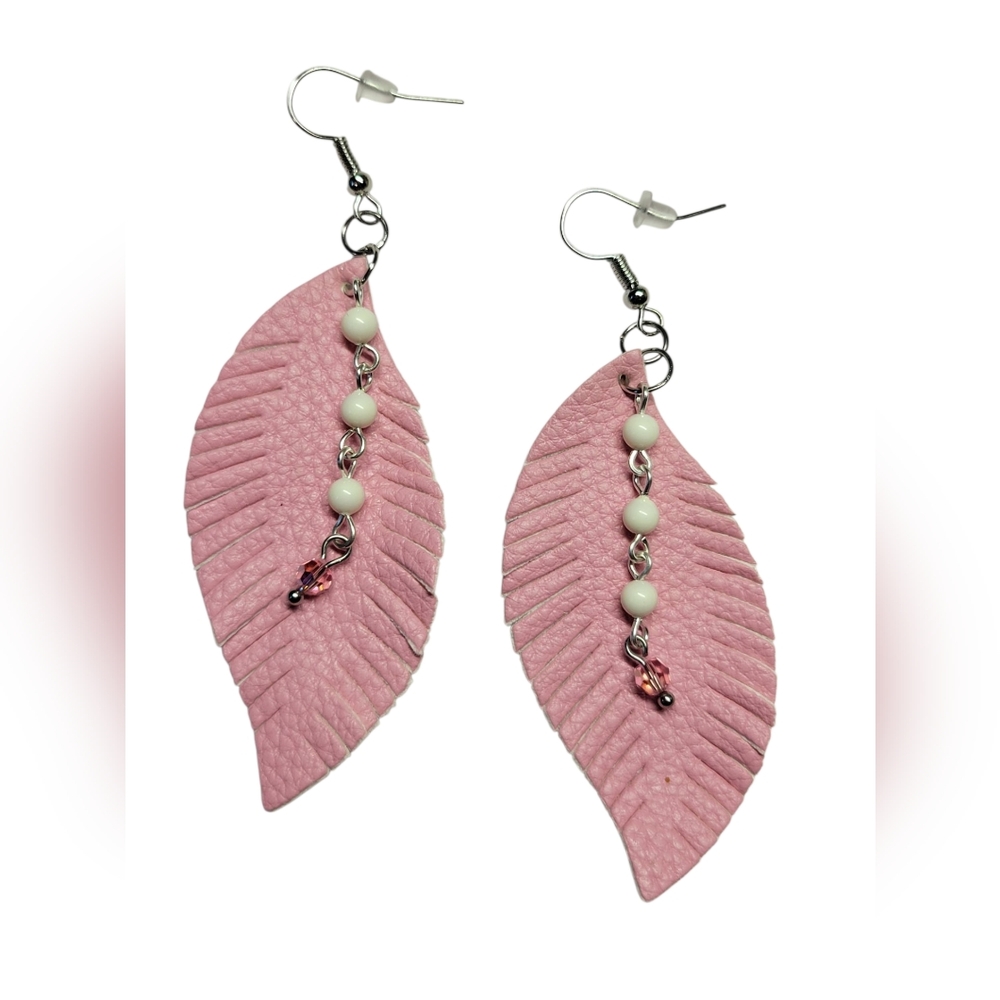 Bohemian Pink Leaf Faux Leather Austrian Crystal Dangle Earrings
